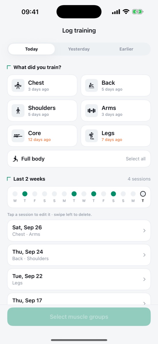 Log training: chest, back, shoulders, arms, core and legs, with the last two weeks of sessions.